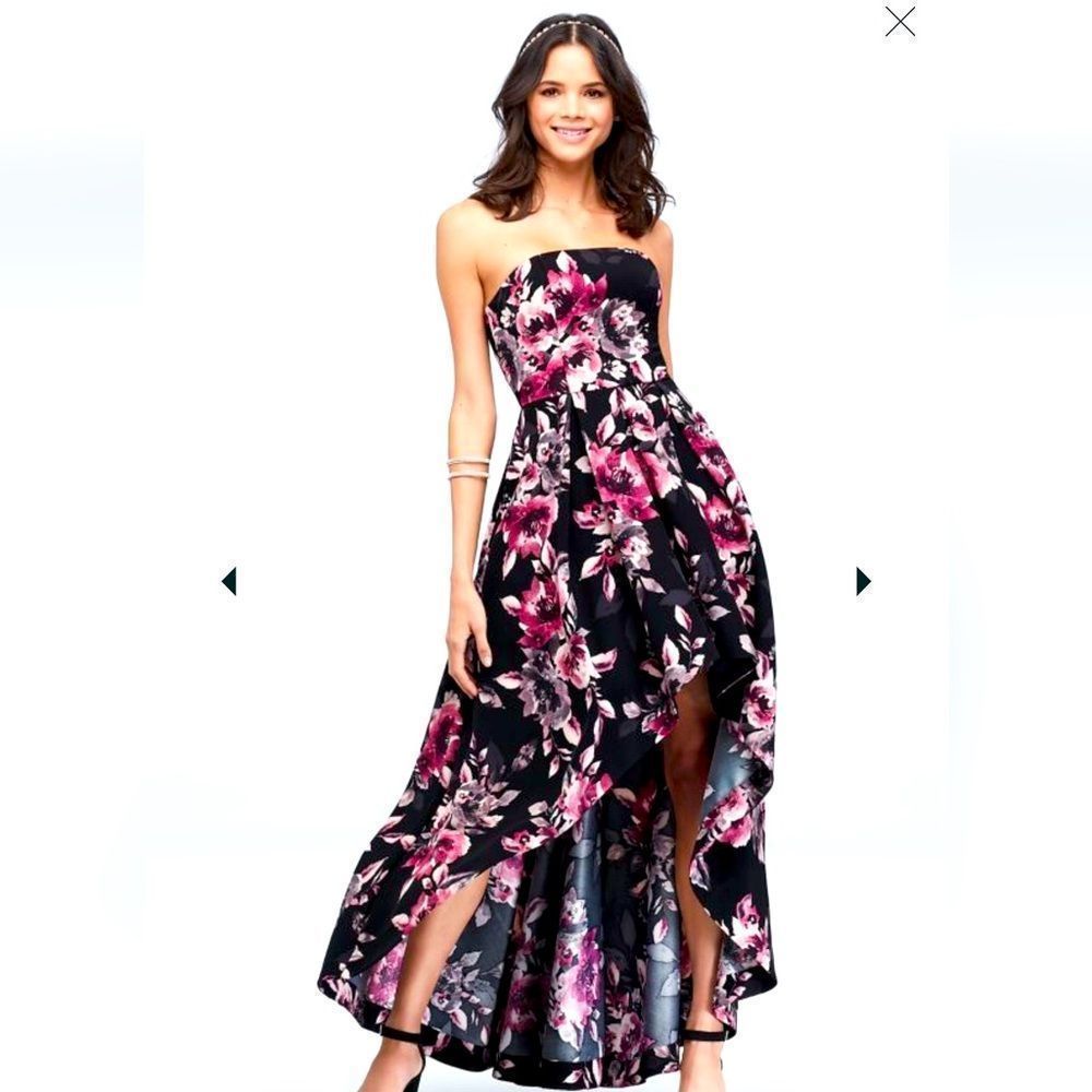 SPEECHLESS strapless floral print high low gown with pockets Size 5 NWOT